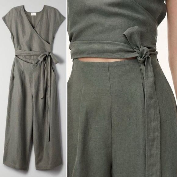 Aritzia Wilfred Brax Jumpsuit 00 Sagesse Linen Blend Wrap Top Sage Green Cutout - Picture 6 of 12